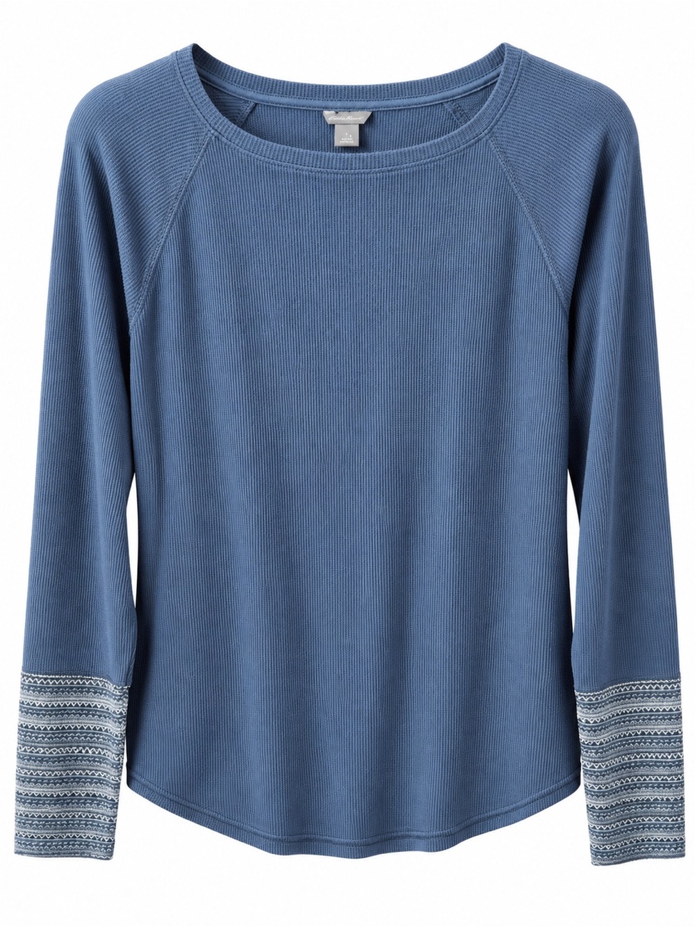 Eddie Bauer Blue Ribbed Long-Sleeve Tee with Patterned Cuffs